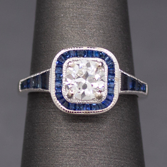 Old European Cut Diamond and Blue Sapphire Halo Ring in 14k White Gold