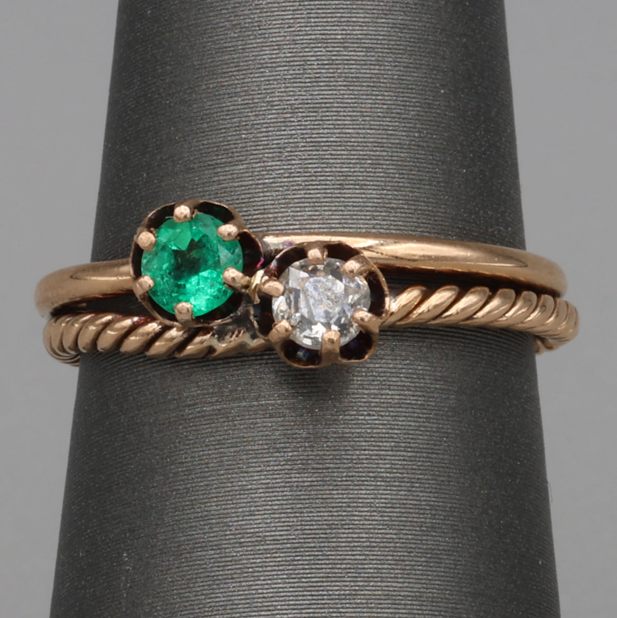 Antique Victorian Emerald and Old Mine Cut Toi et Moi Ring in 10k Rose Gold
