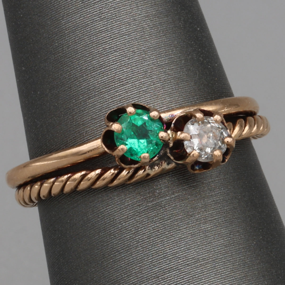 Antique Victorian Emerald and Old Mine Cut Toi et Moi Ring in 10k Rose Gold