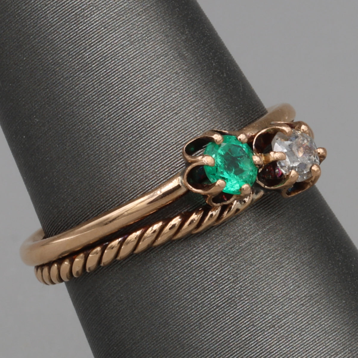Antique Victorian Emerald and Old Mine Cut Toi et Moi Ring in 10k Rose Gold