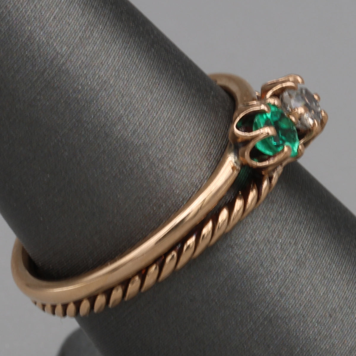 Antique Victorian Emerald and Old Mine Cut Toi et Moi Ring in 10k Rose Gold