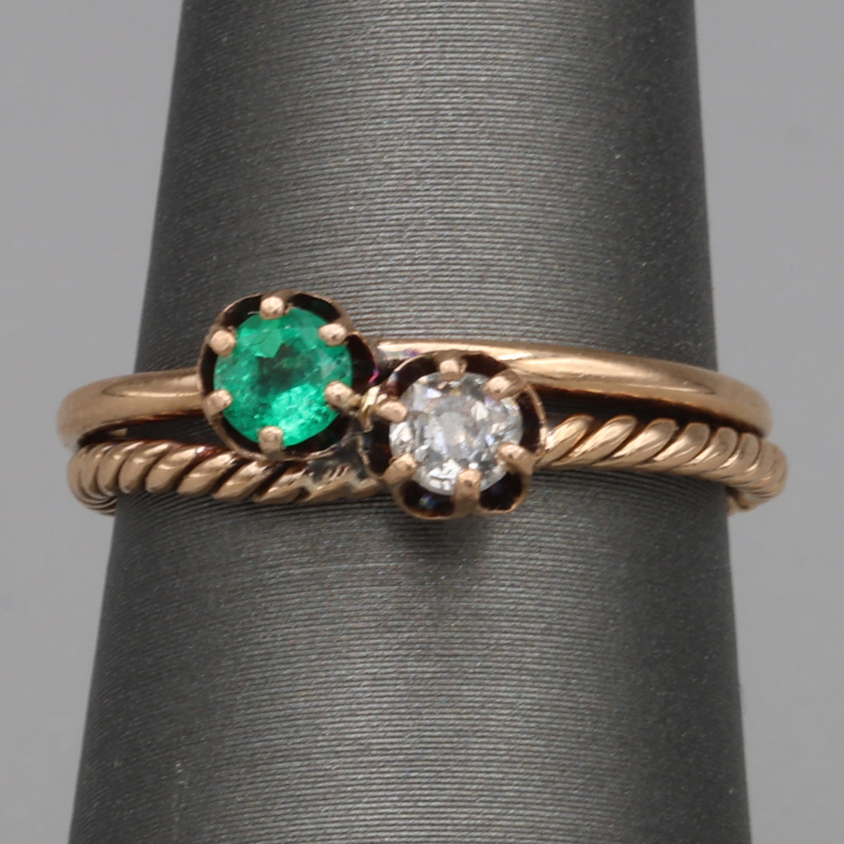 Antique Victorian Emerald and Old Mine Cut Toi et Moi Ring in 10k Rose Gold