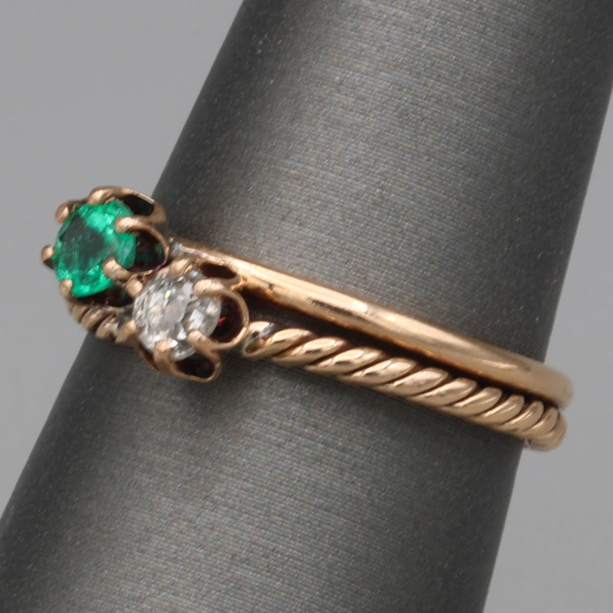 Antique Victorian Emerald and Old Mine Cut Toi et Moi Ring in 10k Rose Gold