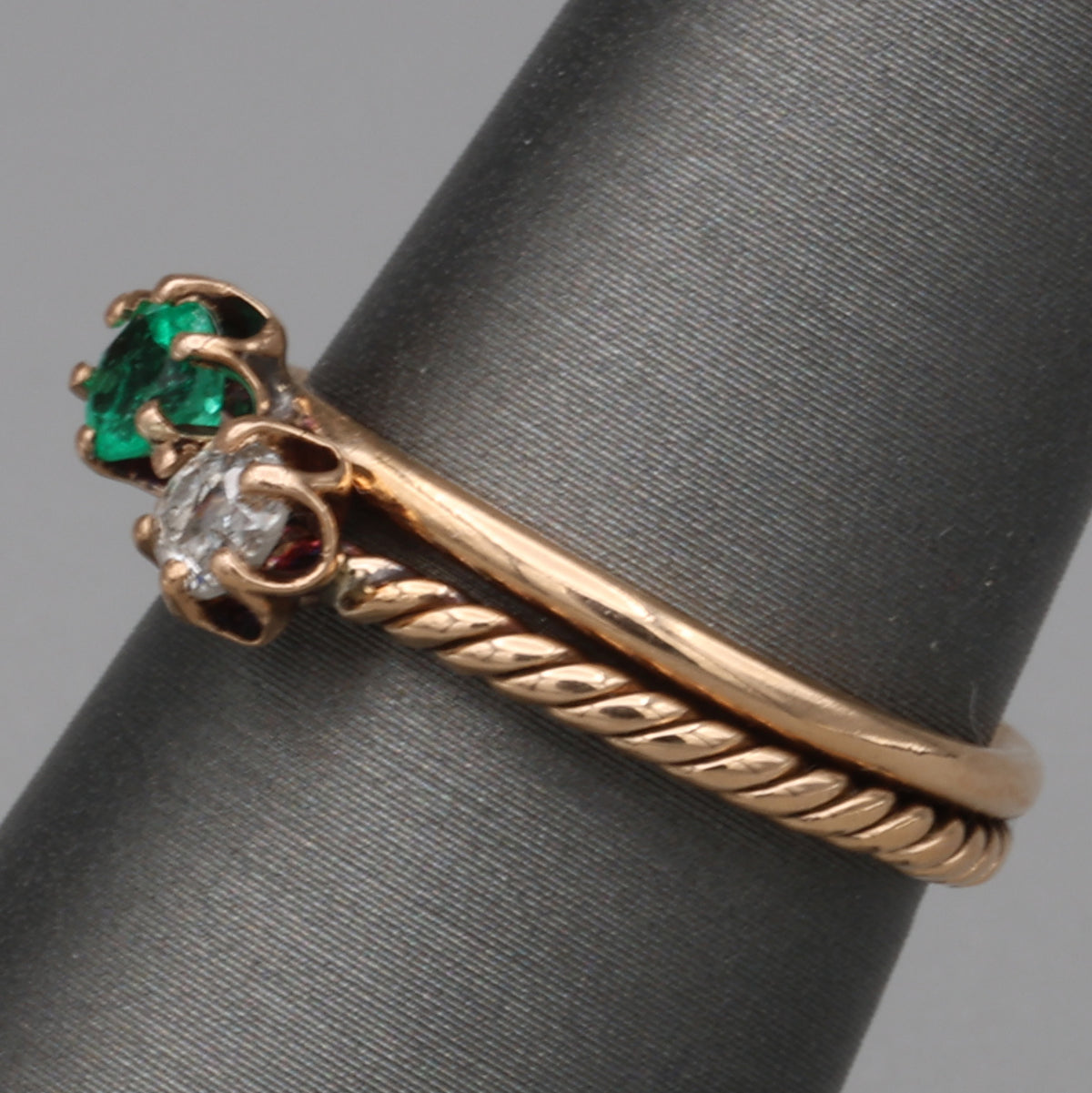 Antique Victorian Emerald and Old Mine Cut Toi et Moi Ring in 10k Rose Gold