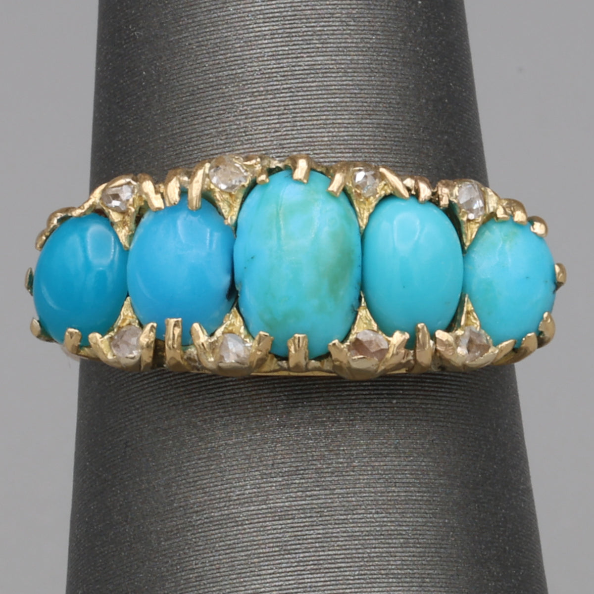 Victorian Turquoise & Rose Cut Diamond Five Stone Band Ring in 18k Yellow Gold