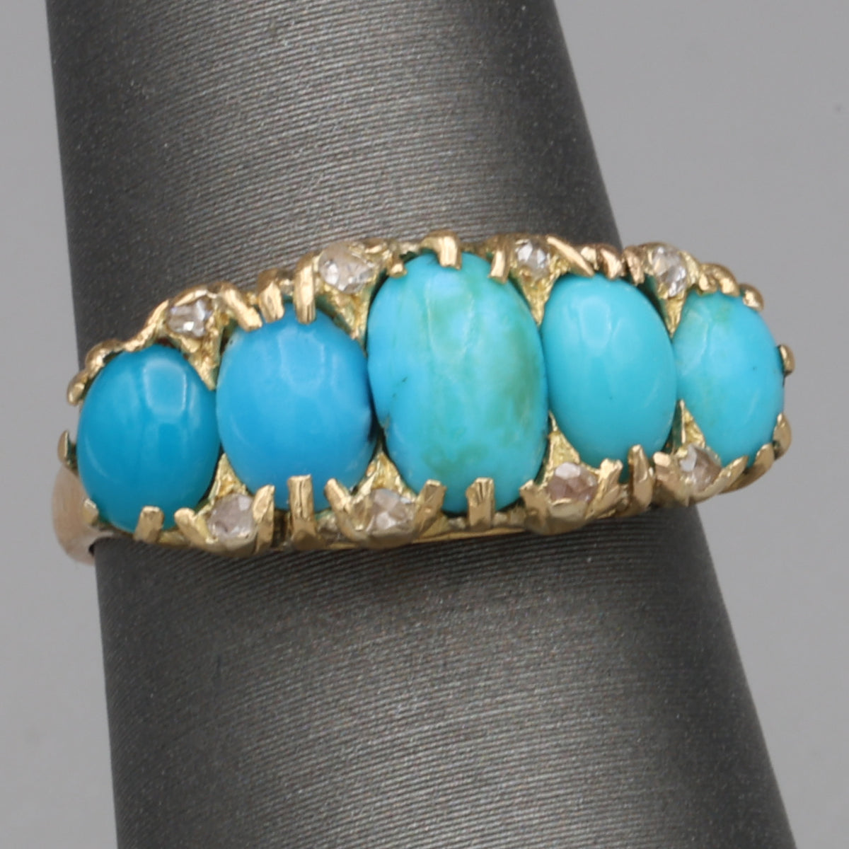 Victorian Turquoise & Rose Cut Diamond Five Stone Band Ring in 18k Yellow Gold