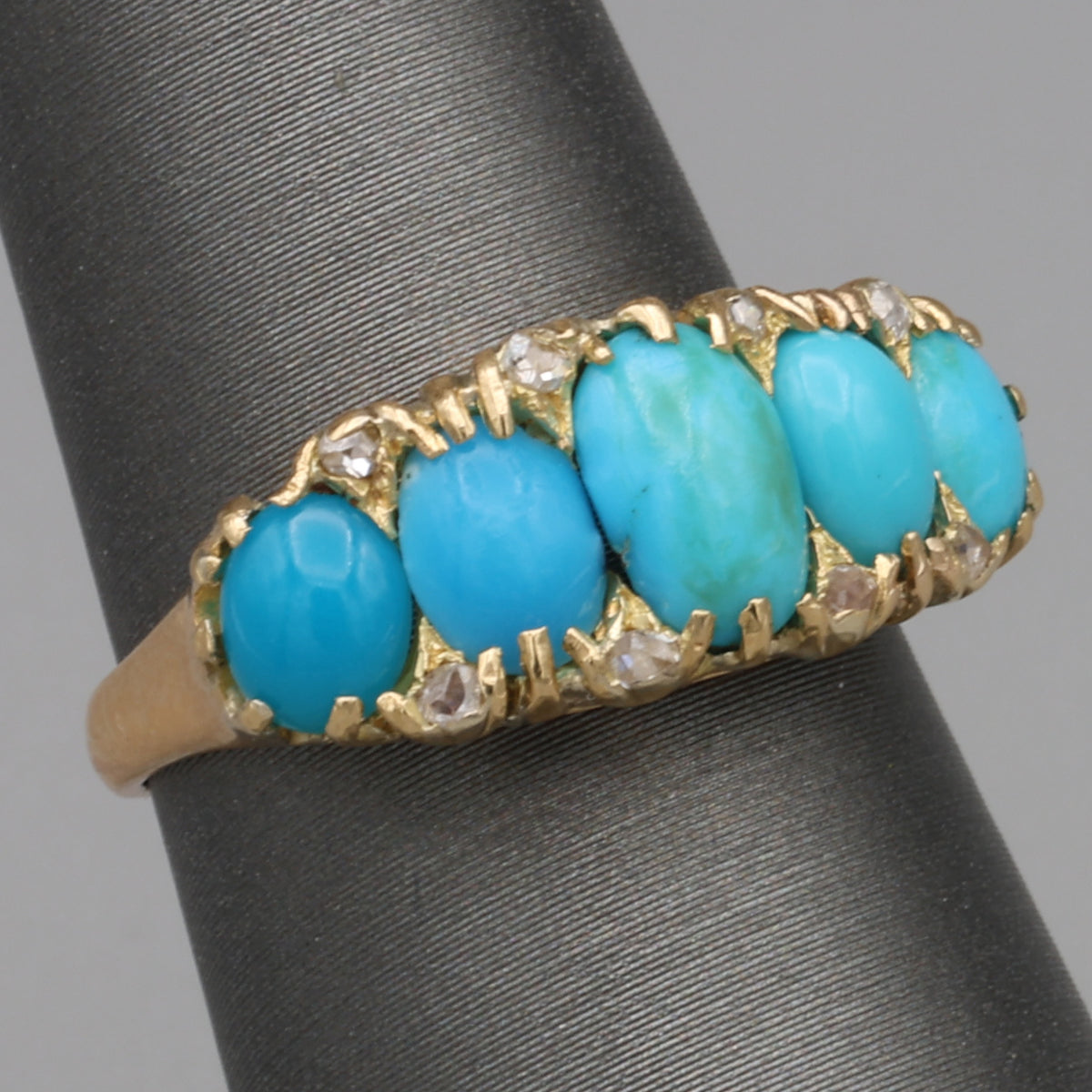 Victorian Turquoise & Rose Cut Diamond Five Stone Band Ring in 18k Yellow Gold