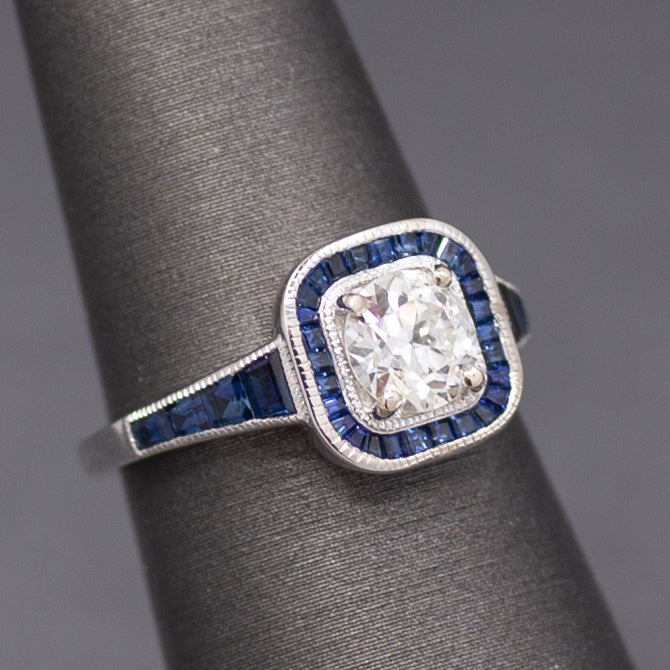 Old European Cut Diamond and Blue Sapphire Halo Ring in 14k White Gold