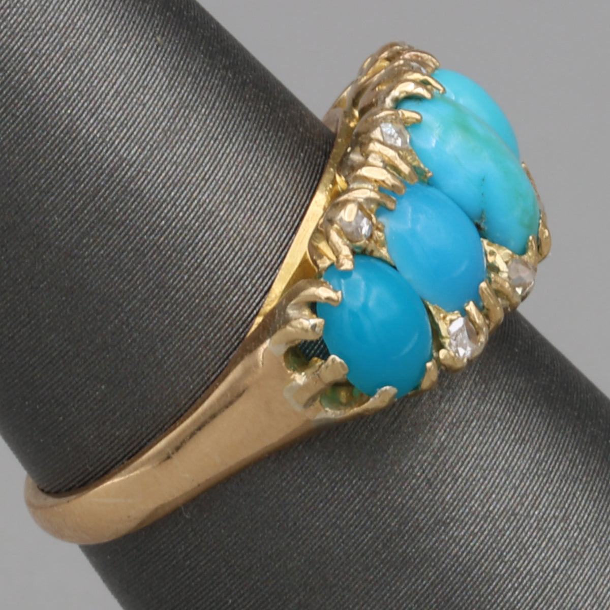 Victorian Turquoise & Rose Cut Diamond Five Stone Band Ring in 18k Yellow Gold