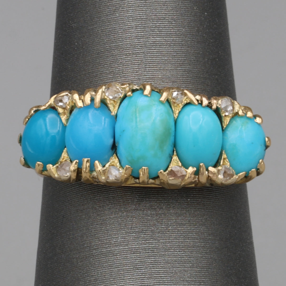 Victorian Turquoise & Rose Cut Diamond Five Stone Band Ring in 18k Yellow Gold