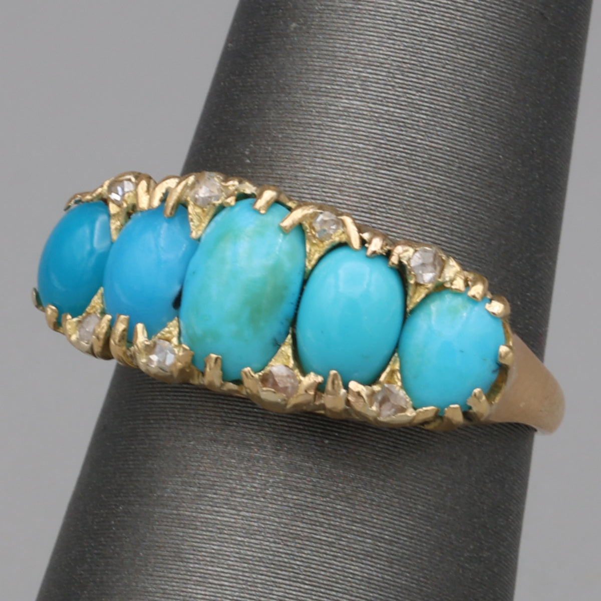 Victorian Turquoise & Rose Cut Diamond Five Stone Band Ring in 18k Yellow Gold