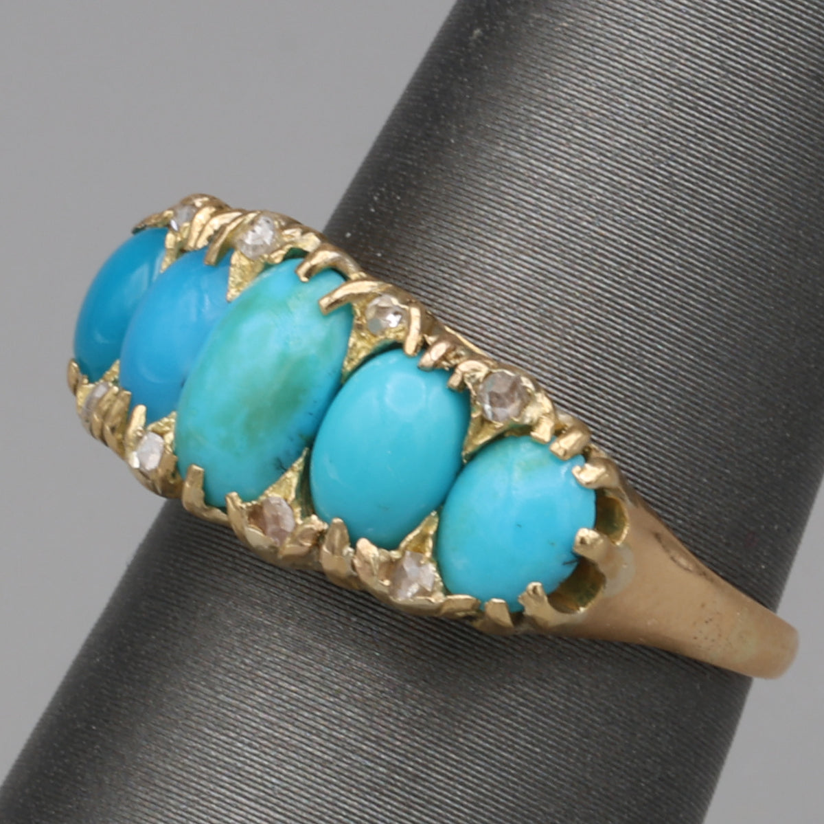 Victorian Turquoise & Rose Cut Diamond Five Stone Band Ring in 18k Yellow Gold