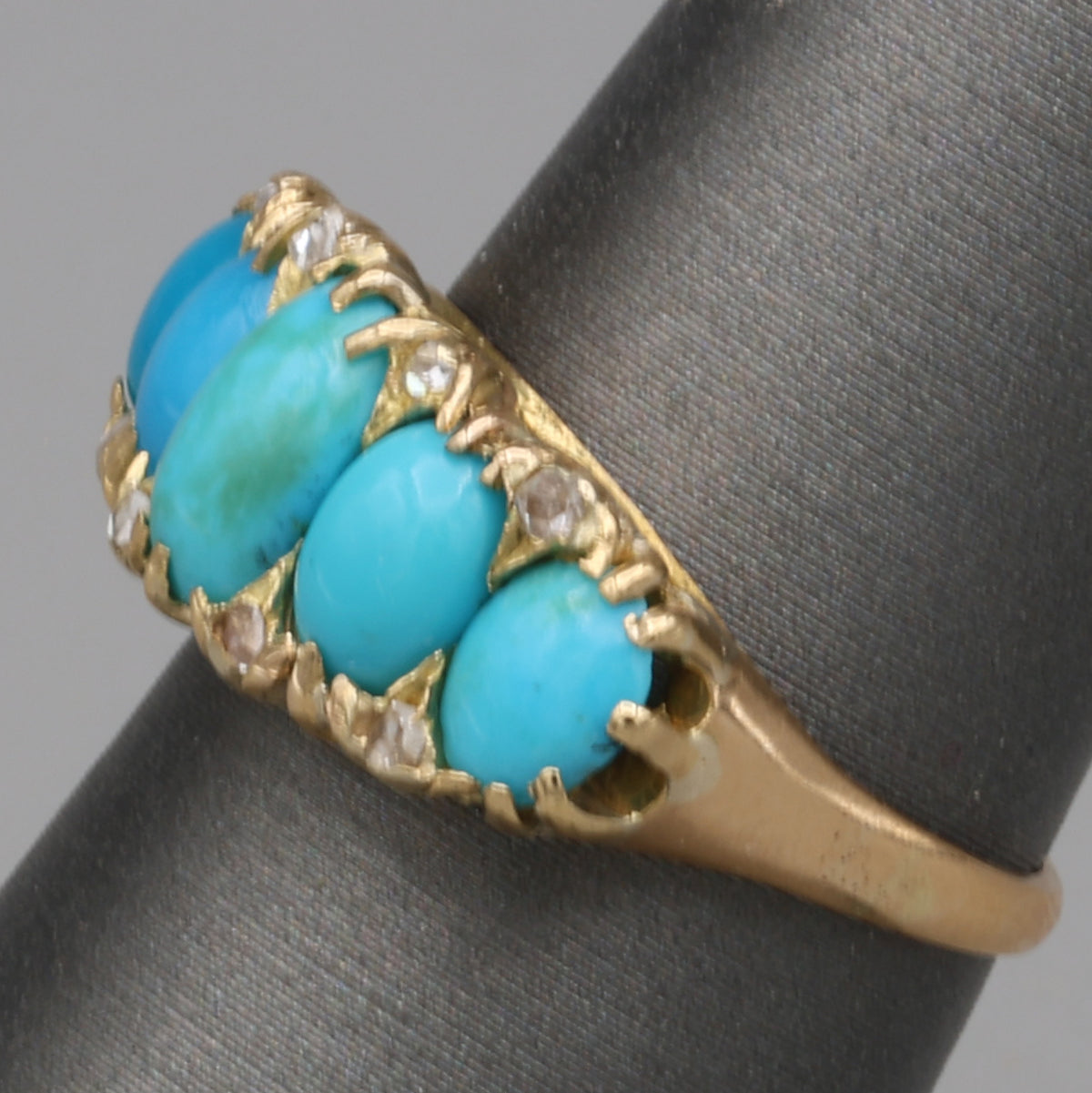 Victorian Turquoise & Rose Cut Diamond Five Stone Band Ring in 18k Yellow Gold
