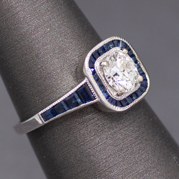 Old European Cut Diamond and Blue Sapphire Halo Ring in 14k White Gold