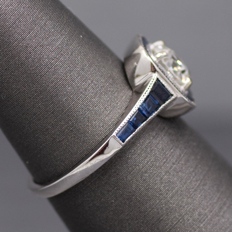 Old European Cut Diamond and Blue Sapphire Halo Ring in 14k White Gold