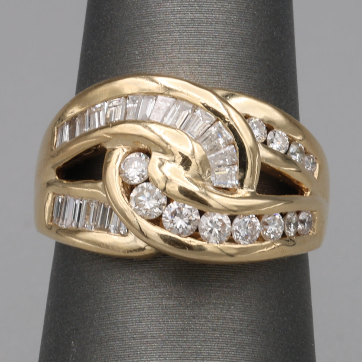 Baguette & Round Diamond Crossover Statement Ring in 14k Yellow Gold
