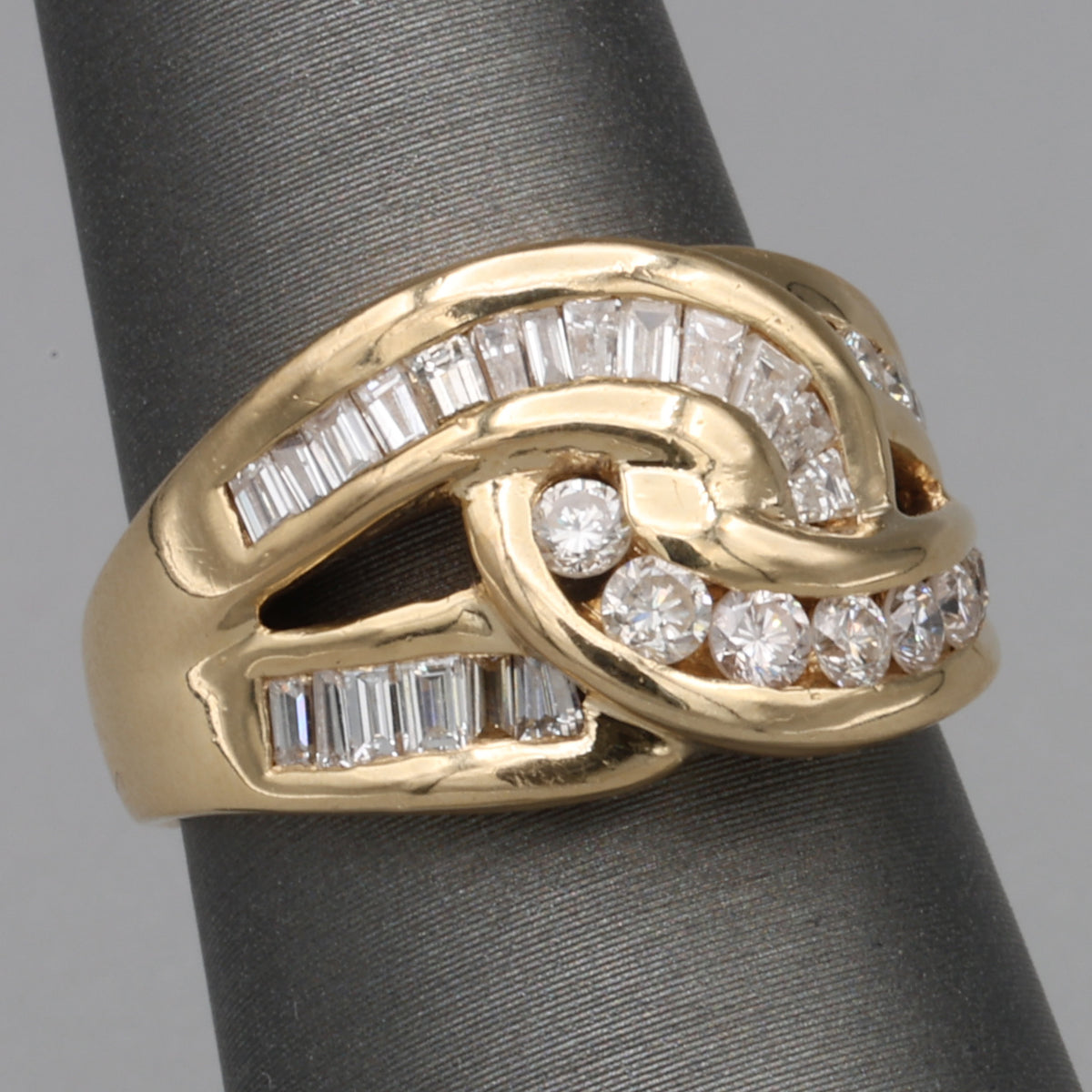 Baguette & Round Diamond Crossover Statement Ring in 14k Yellow Gold