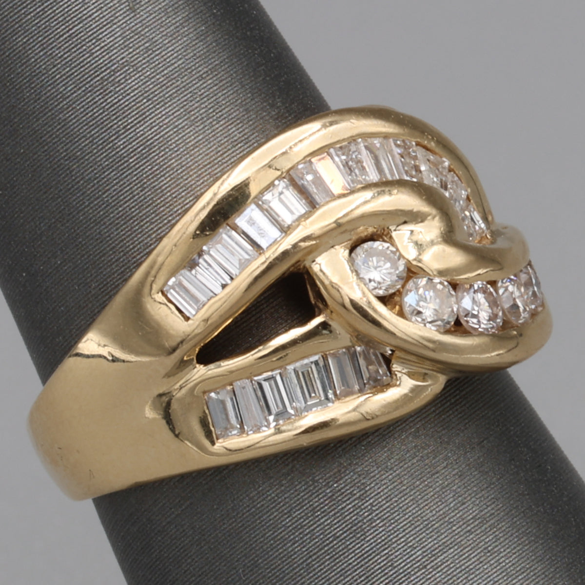 Baguette & Round Diamond Crossover Statement Ring in 14k Yellow Gold