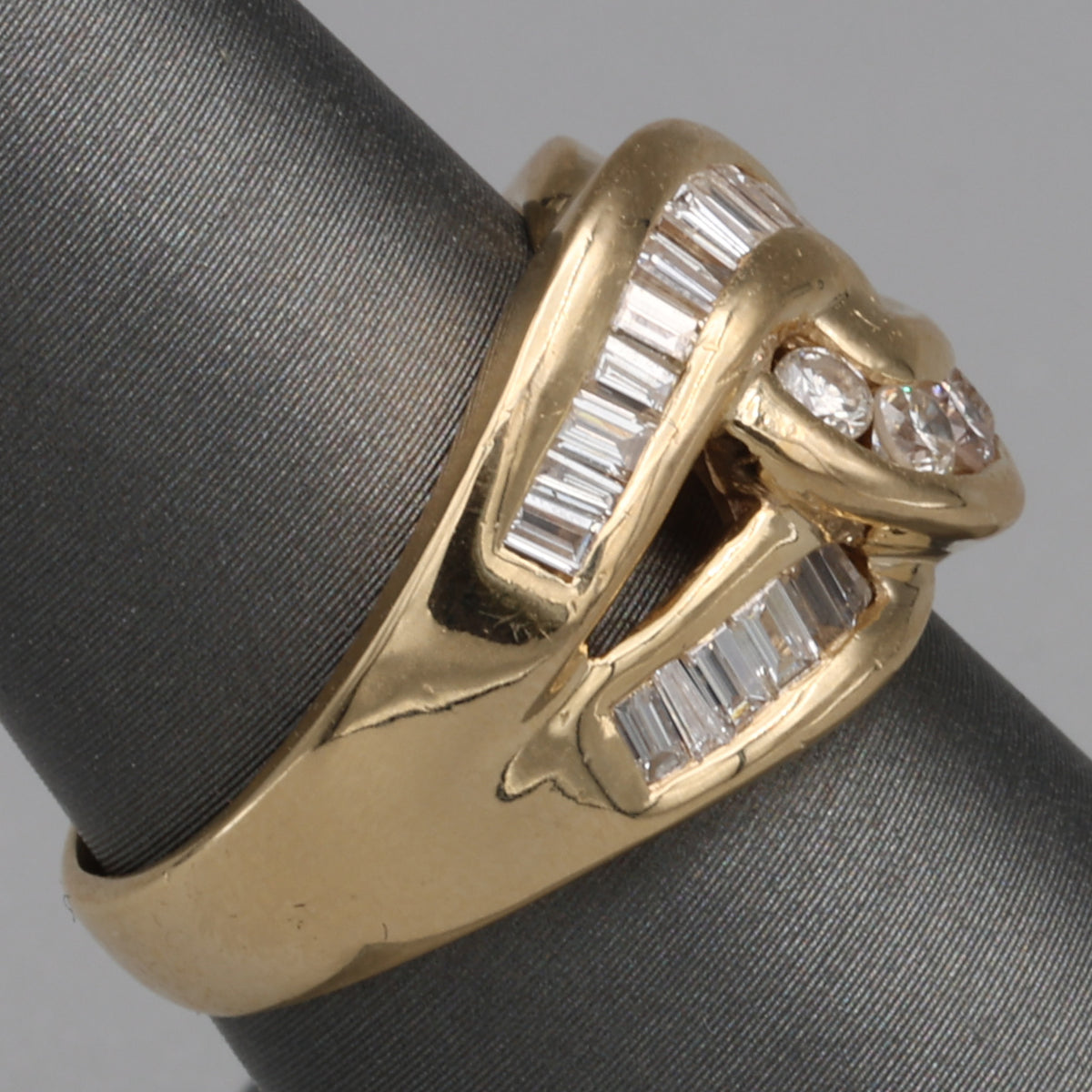 Baguette & Round Diamond Crossover Statement Ring in 14k Yellow Gold