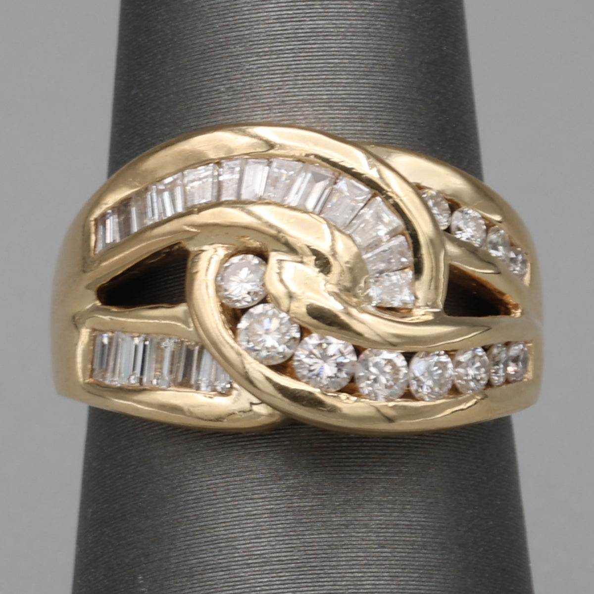 Baguette & Round Diamond Crossover Statement Ring in 14k Yellow Gold