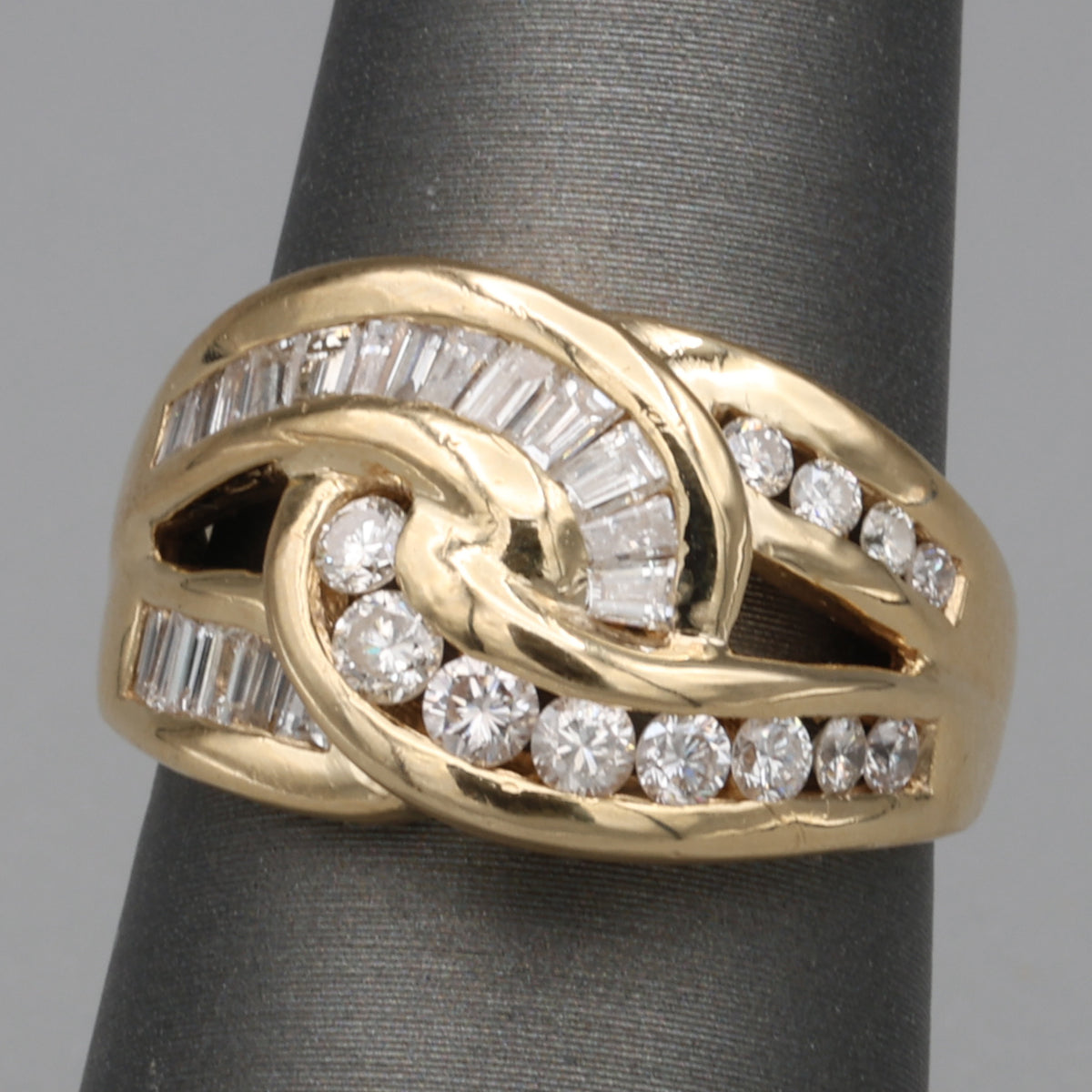 Baguette & Round Diamond Crossover Statement Ring in 14k Yellow Gold
