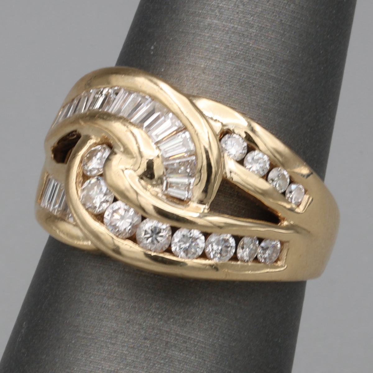 Baguette & Round Diamond Crossover Statement Ring in 14k Yellow Gold