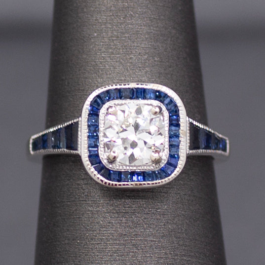 Old European Cut Diamond and Blue Sapphire Halo Ring in 14k White Gold