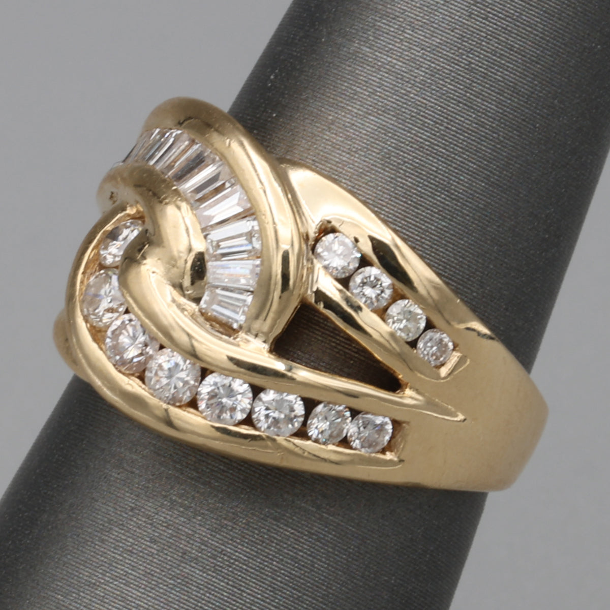 Baguette & Round Diamond Crossover Statement Ring in 14k Yellow Gold