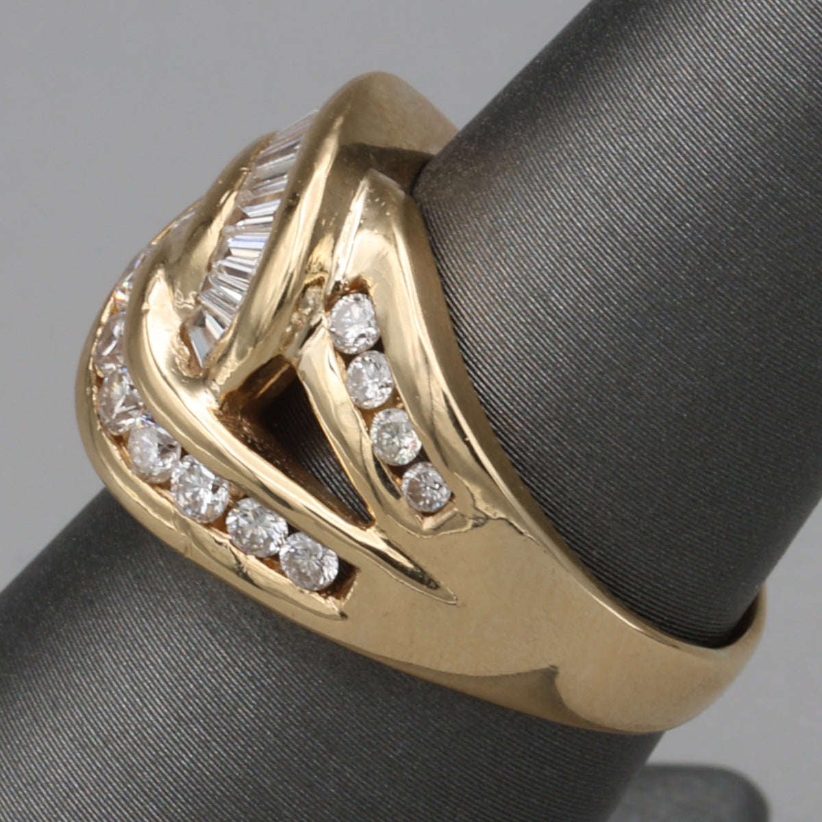Baguette & Round Diamond Crossover Statement Ring in 14k Yellow Gold