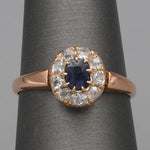 Victorian Deep Blue Sapphire and Old Mine Cut Diamond Halo Ring in 10k Rose Gold