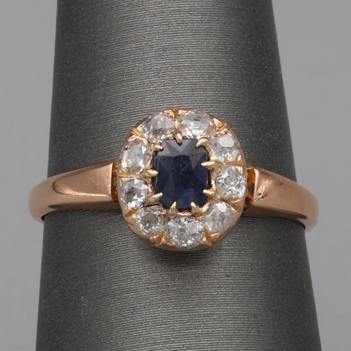 Victorian Deep Blue Sapphire and Old Mine Cut Diamond Halo Ring in 10k Rose Gold