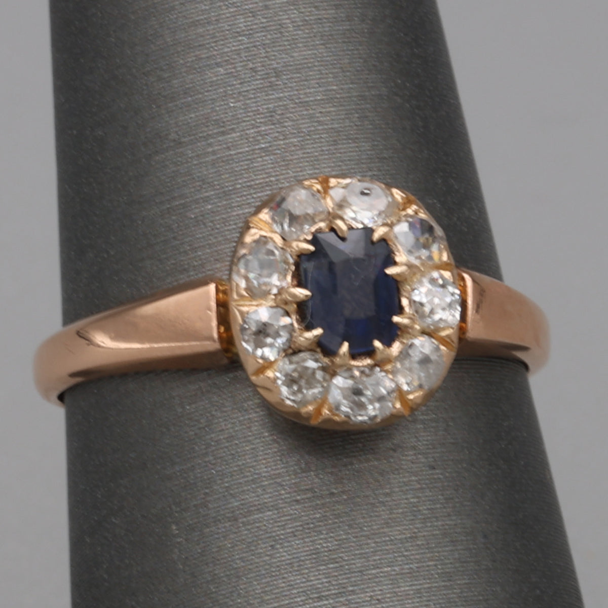 Victorian Deep Blue Sapphire and Old Mine Cut Diamond Halo Ring in 10k Rose Gold