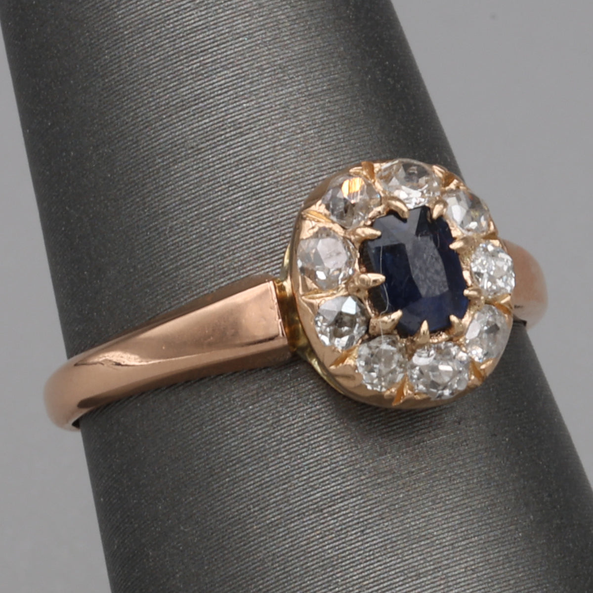 Victorian Deep Blue Sapphire and Old Mine Cut Diamond Halo Ring in 10k Rose Gold