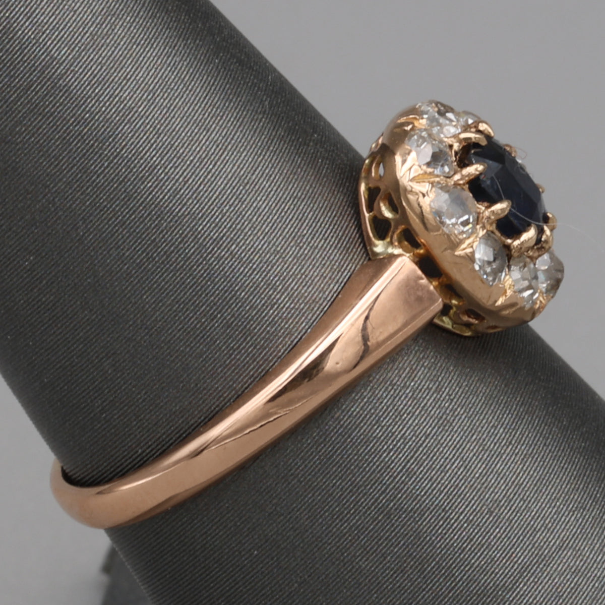 Victorian Deep Blue Sapphire and Old Mine Cut Diamond Halo Ring in 10k Rose Gold