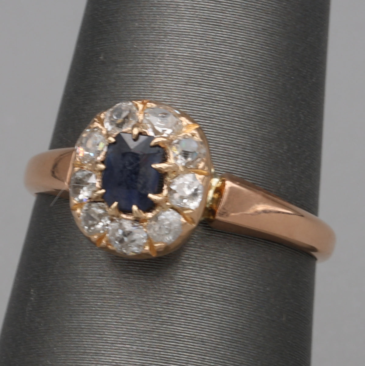 Victorian Deep Blue Sapphire and Old Mine Cut Diamond Halo Ring in 10k Rose Gold