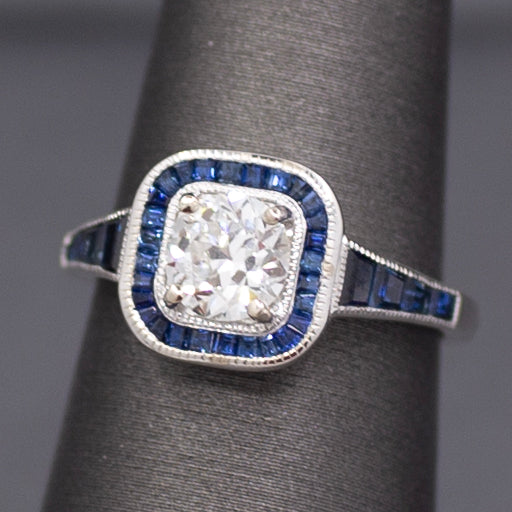 Old European Cut Diamond and Blue Sapphire Halo Ring in 14k White Gold