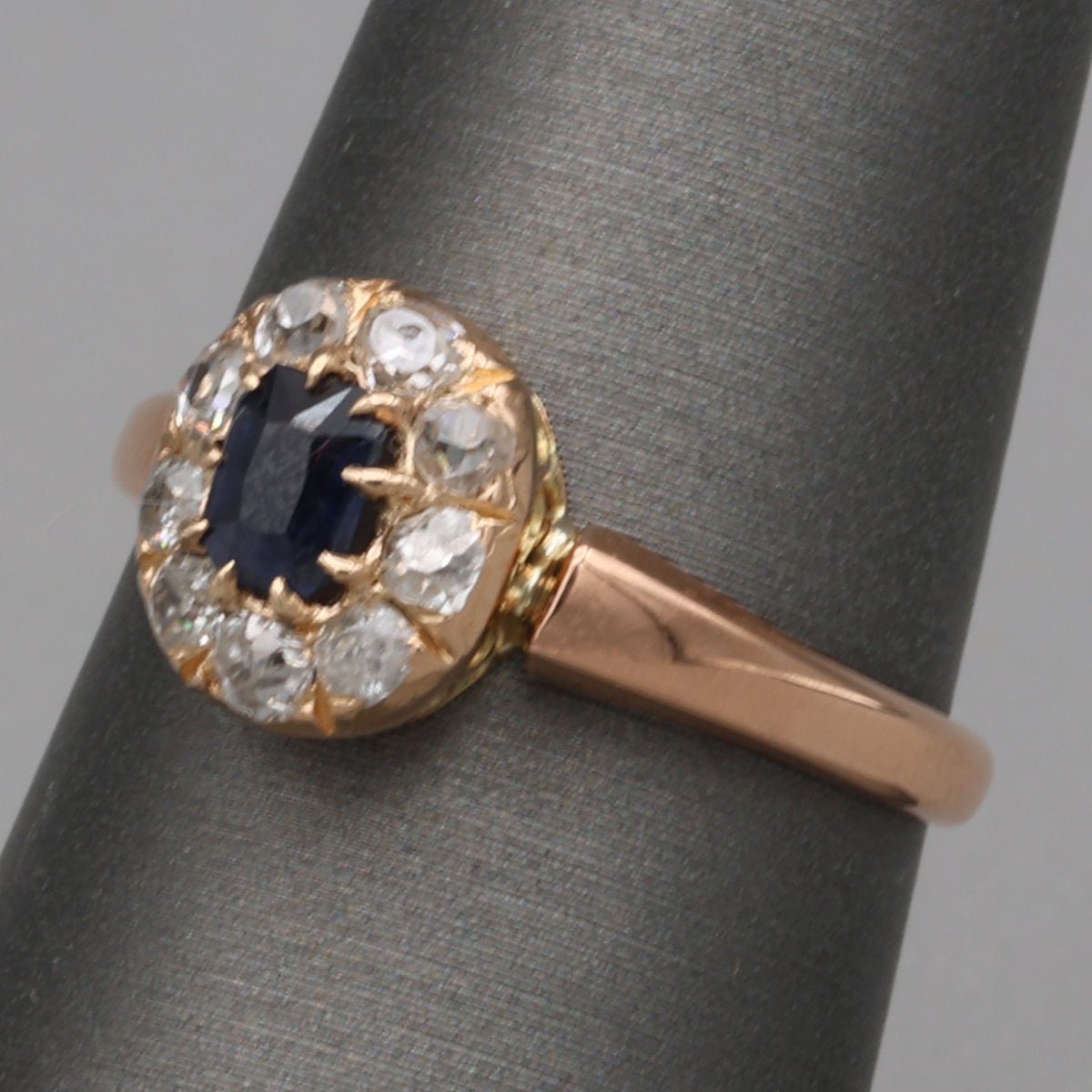 Victorian Deep Blue Sapphire and Old Mine Cut Diamond Halo Ring in 10k Rose Gold