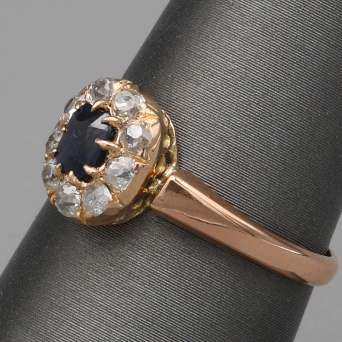 Victorian Deep Blue Sapphire and Old Mine Cut Diamond Halo Ring in 10k Rose Gold