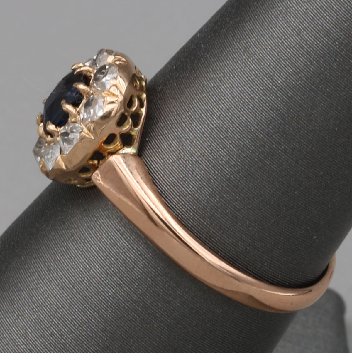 Victorian Deep Blue Sapphire and Old Mine Cut Diamond Halo Ring in 10k Rose Gold