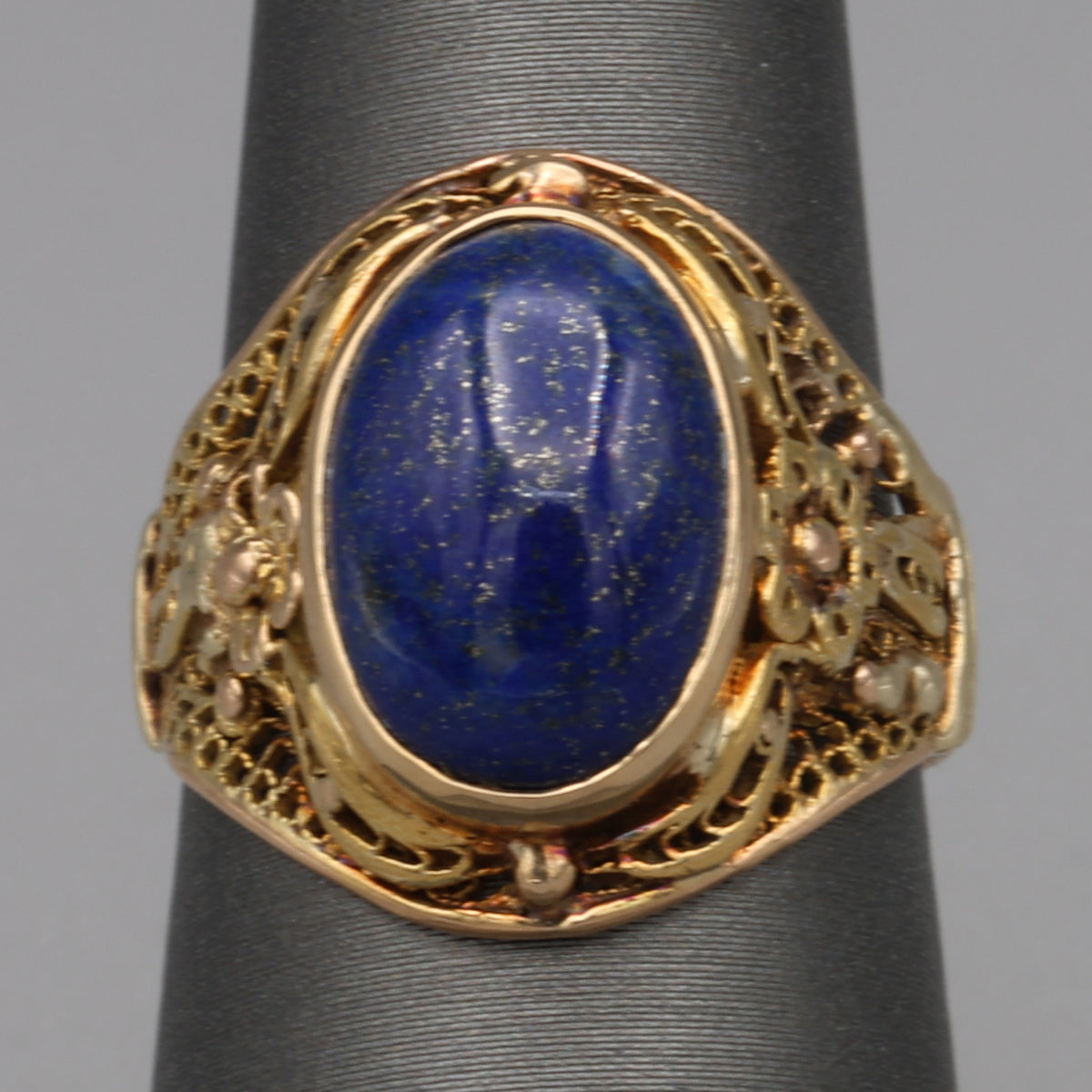 Antique Bezel Set Lapis Statement Ring in 18k Yellow Gold