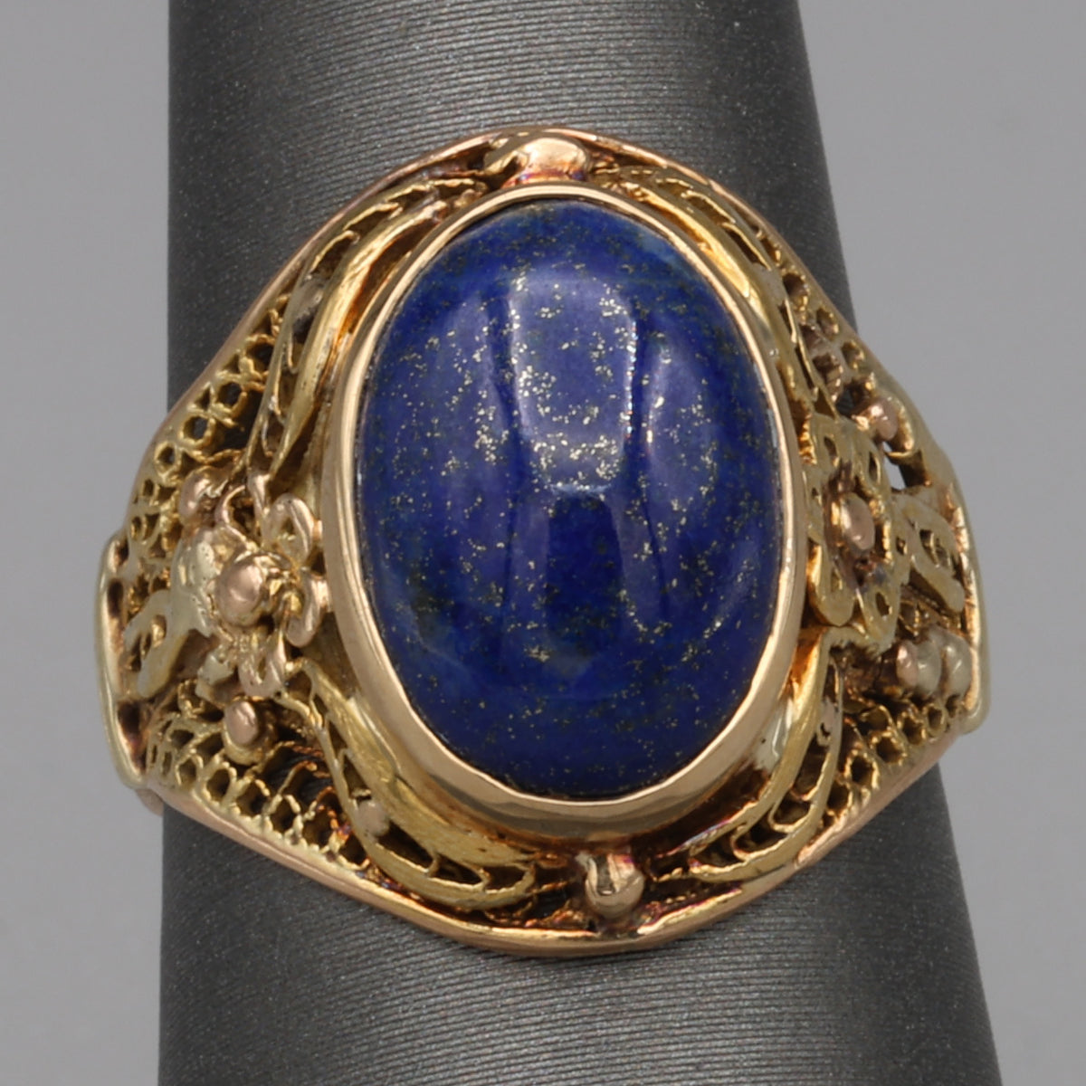 Antique Bezel Set Lapis Statement Ring in 18k Yellow Gold