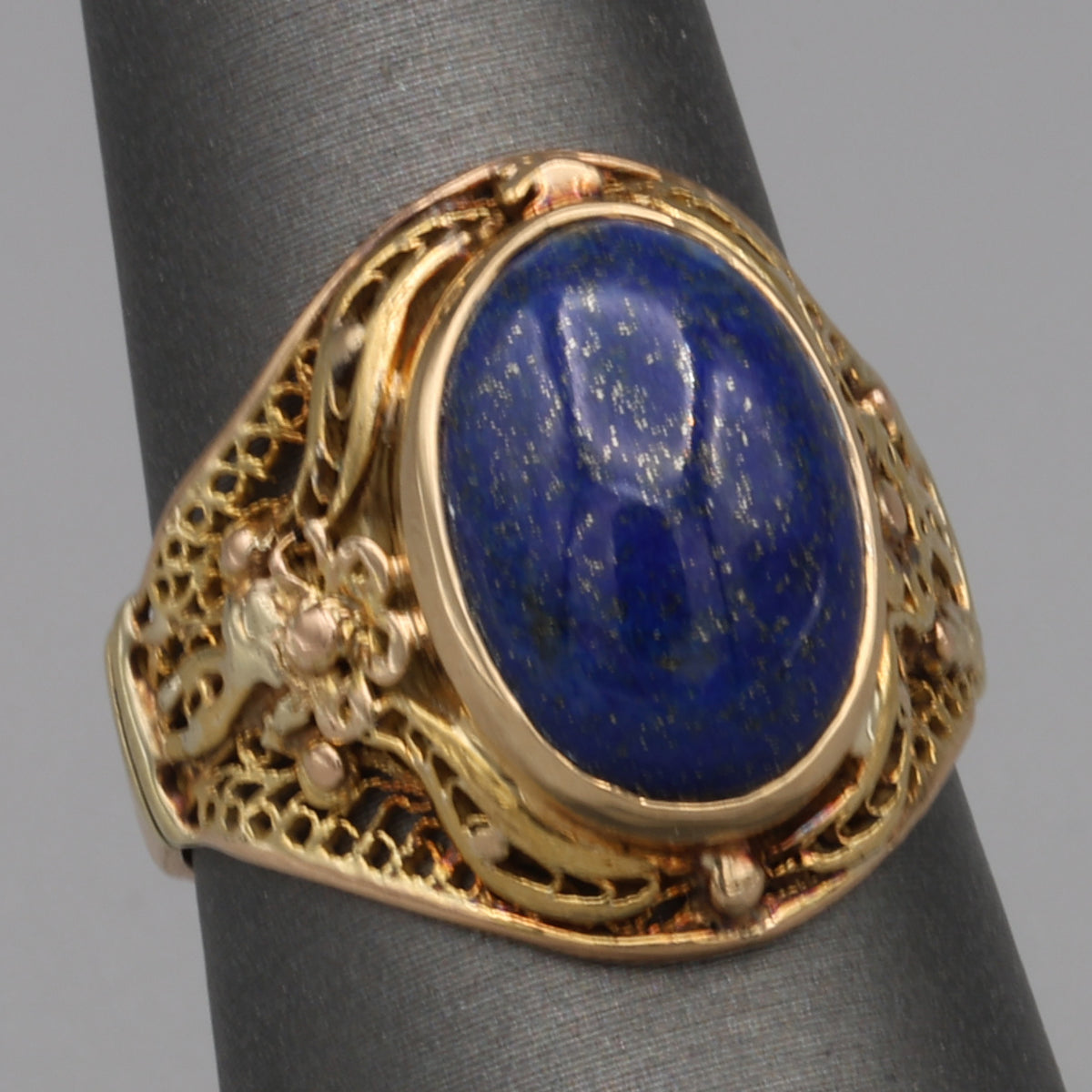 Antique Bezel Set Lapis Statement Ring in 18k Yellow Gold