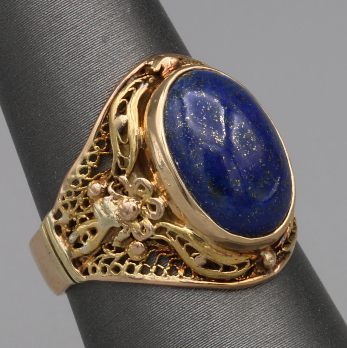 Antique Bezel Set Lapis Statement Ring in 18k Yellow Gold