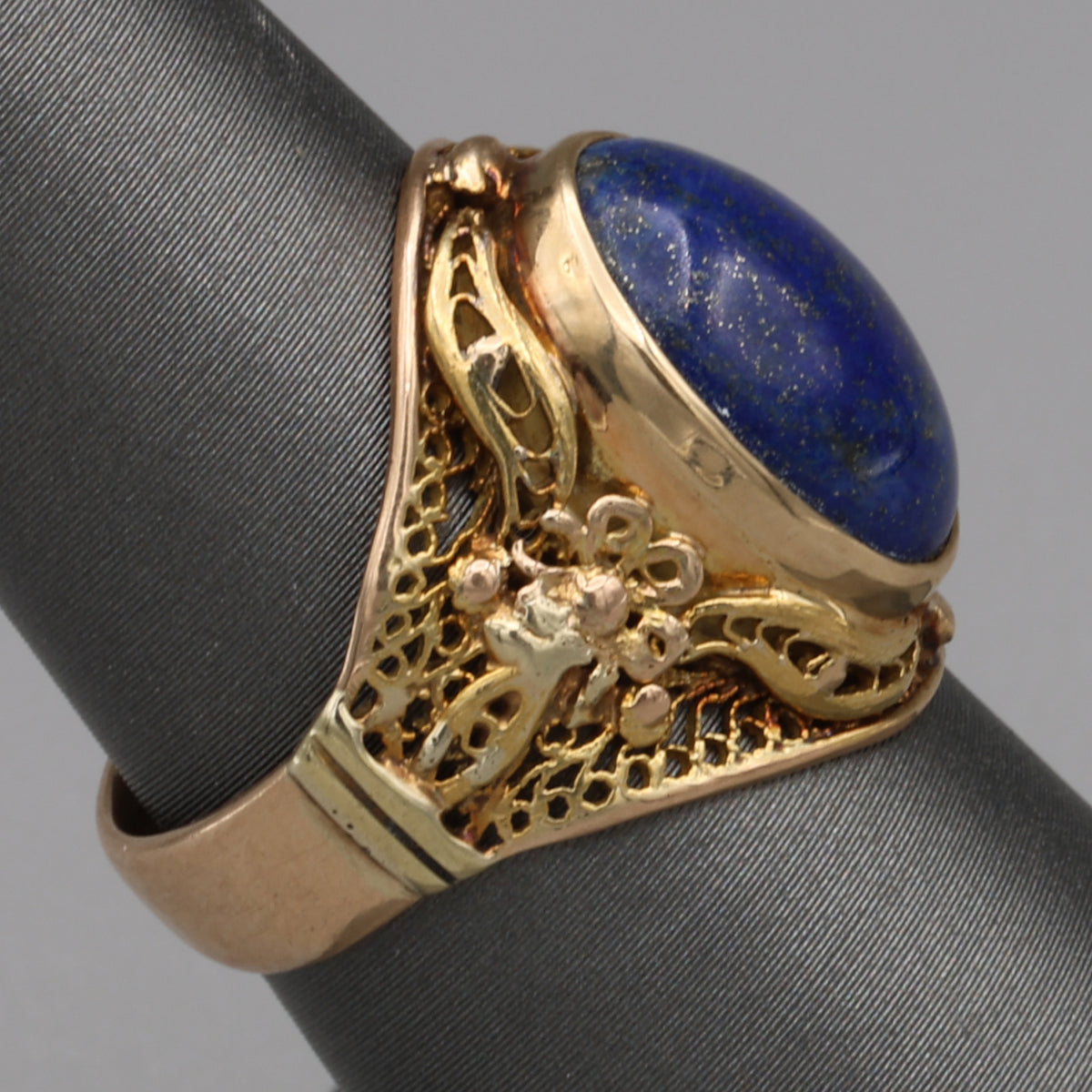 Antique Bezel Set Lapis Statement Ring in 18k Yellow Gold