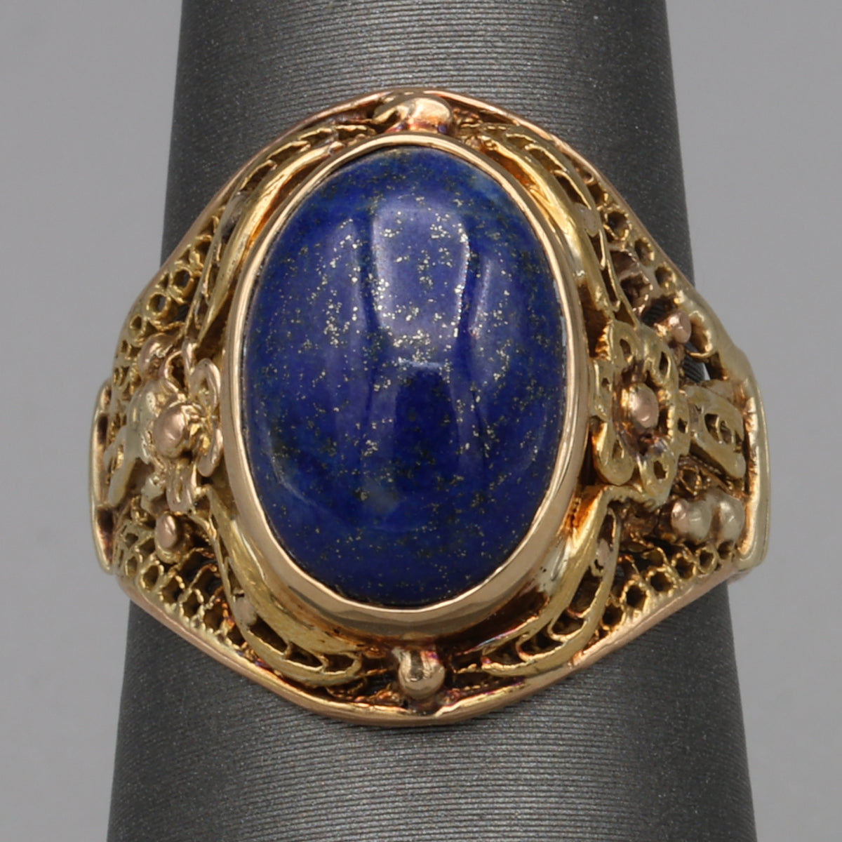 Antique Bezel Set Lapis Statement Ring in 18k Yellow Gold