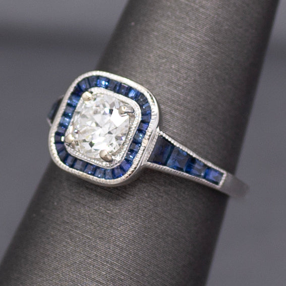 Old European Cut Diamond and Blue Sapphire Halo Ring in 14k White Gold