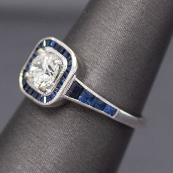 Old European Cut Diamond and Blue Sapphire Halo Ring in 14k White Gold