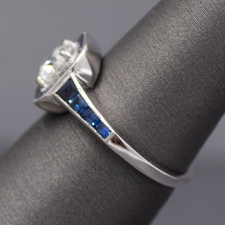 Old European Cut Diamond and Blue Sapphire Halo Ring in 14k White Gold
