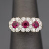 Vintage Ruby and Diamond Three Stone Halo Ring in 14k White & Yellow Gold