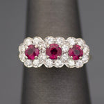 Vintage Ruby and Diamond Three Stone Halo Ring in 14k White & Yellow Gold